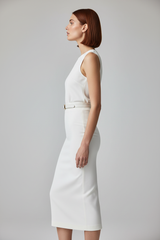 Women's elegant midi skirt set in white, side profile pose