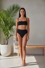 Luxe Ribbed High-Waist Bikini Set in Matte Black – front-facing pose