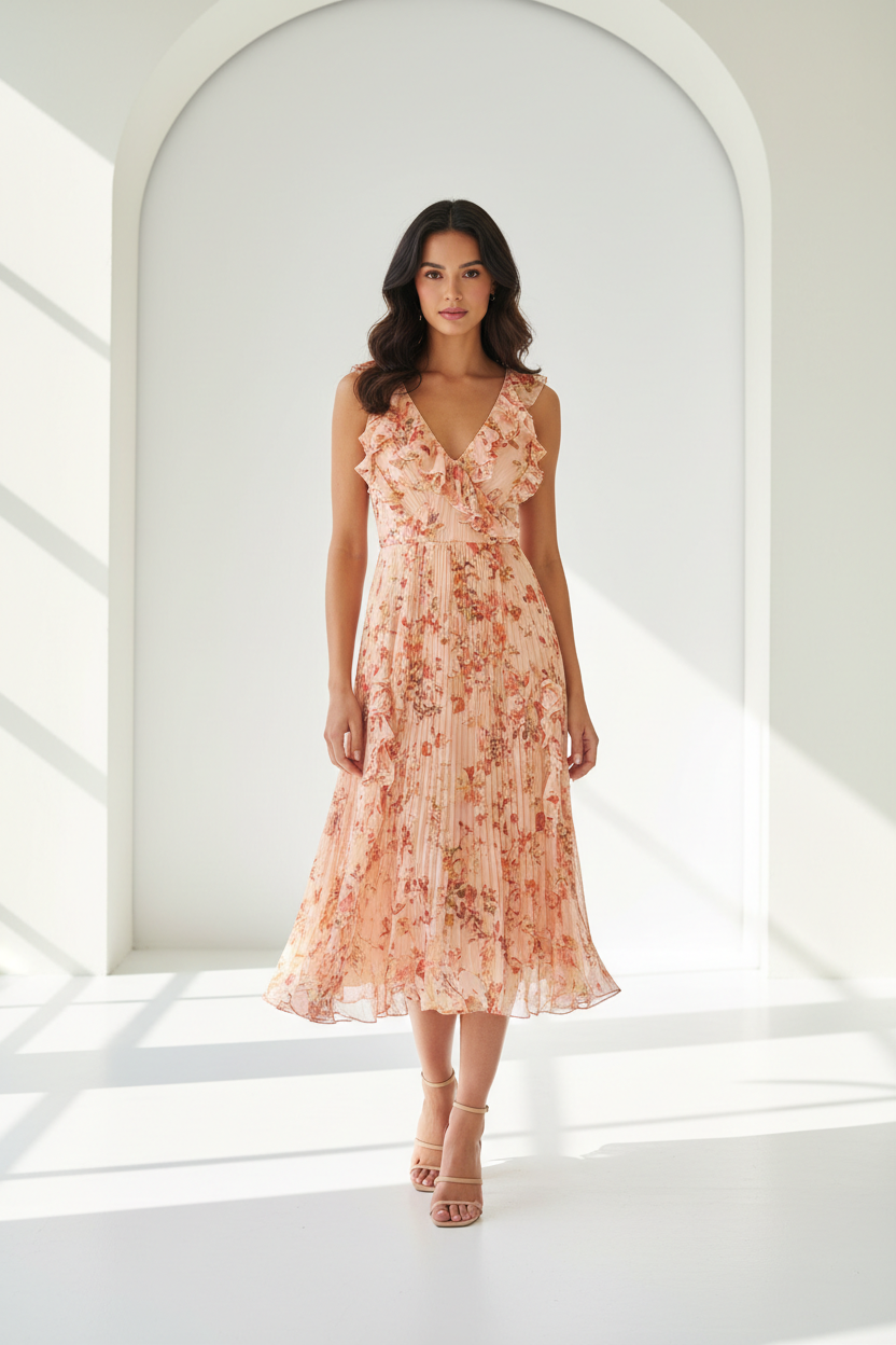 Luxury Floral Midi Dress in Floral Peach - front-facing pose
