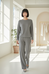 Luxury Soft-Touch Lounge Separates — Stone Grey, Walking Pose