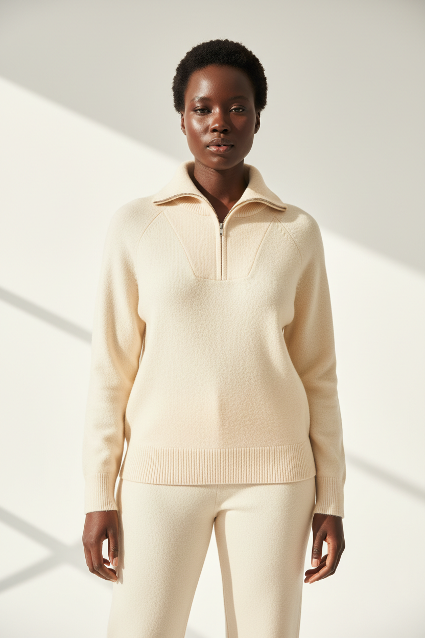 Luxury zip-neck sweater in Vanilla Cream, front facing pose