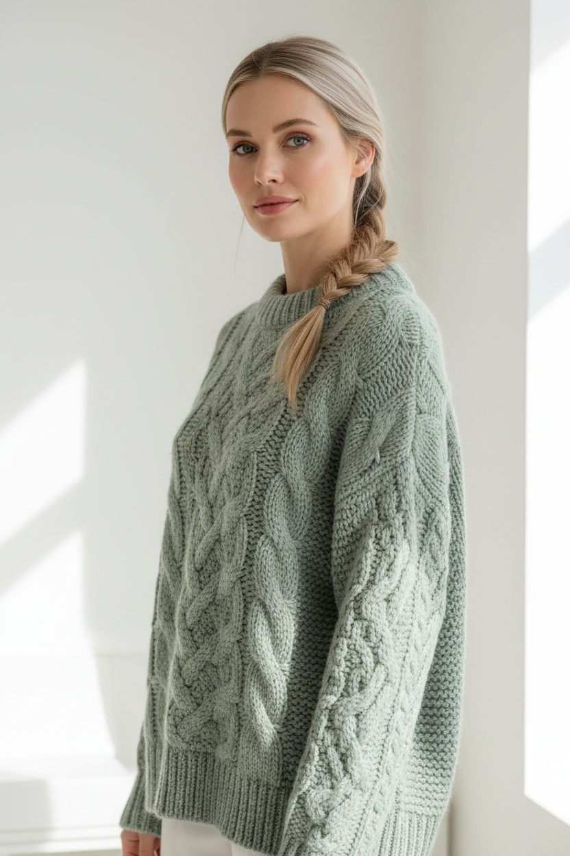 Luxury cable-knit sweater in Sage Mist, three-quarter turn pose