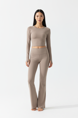 Long Sleeve Performance Top & Flared Yoga Pants Set in Soft Taupe — Front Full-Body