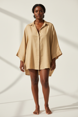 Luxury linen oversized shirt in Desert Beige, front facing pose
