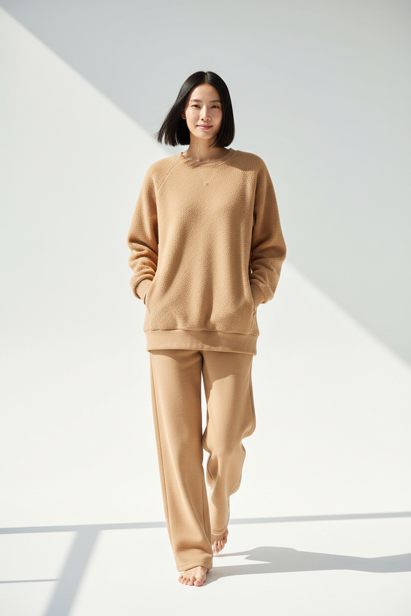 Luxury Oversized Sweatshirt Lounge Set — Warm Sand Beige, Walking with Hands in Pocket