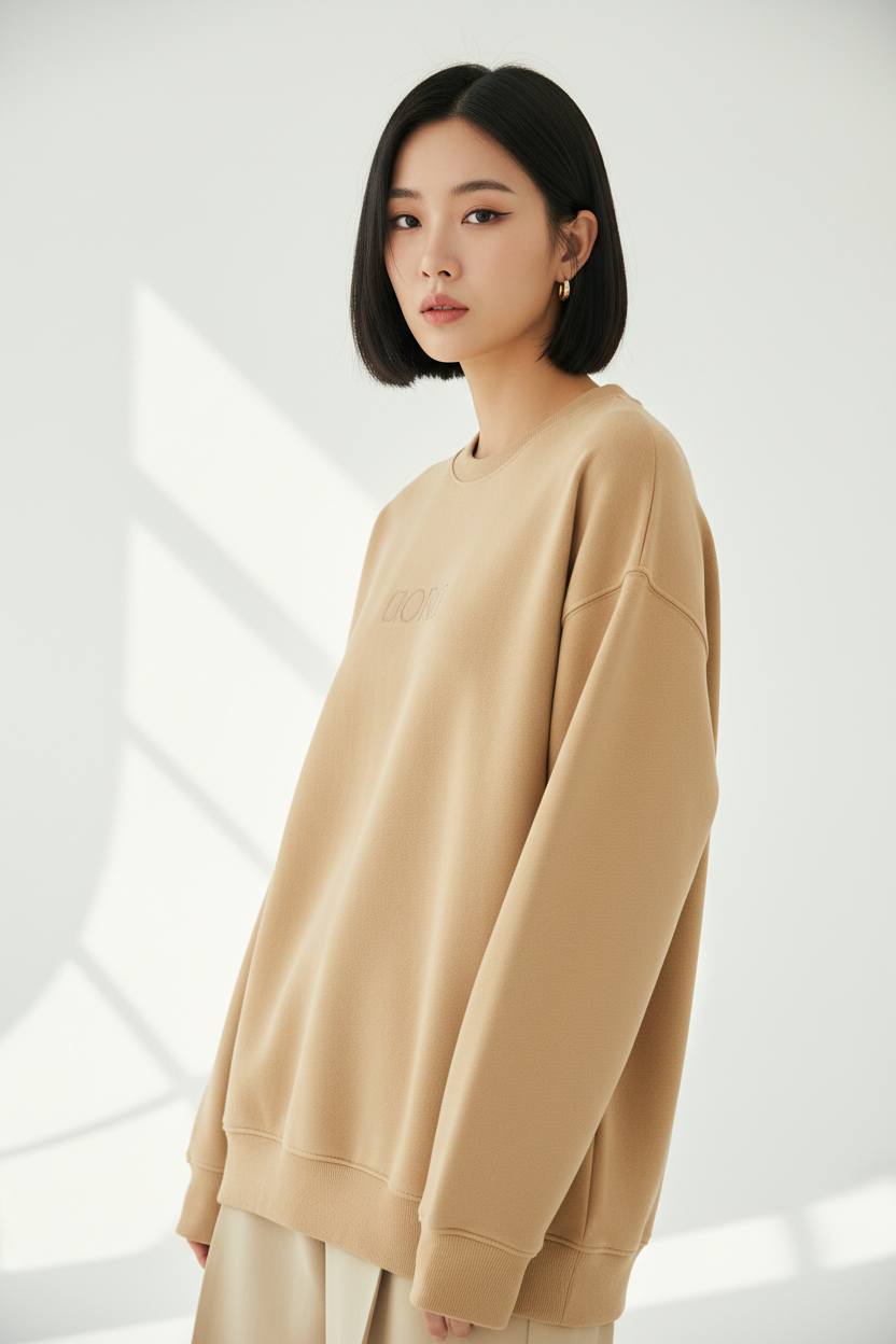 Luxury graphic sweatshirt in Honey Beige, three-quarter turn pose