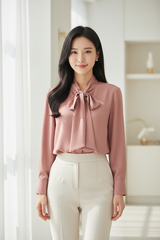 Tie-Neck Blouse in Rosewood Pink - Front Pose