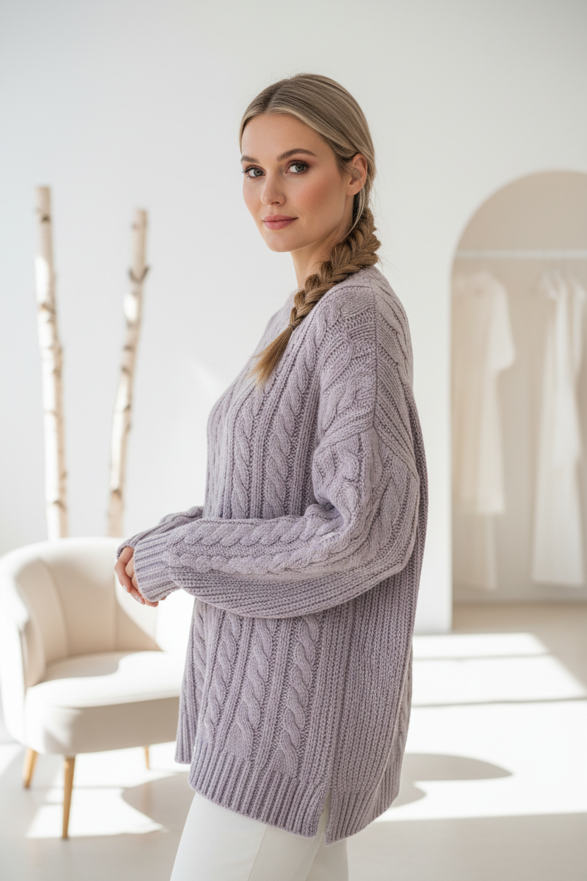 Luxury cable-knit sweater in Frosted Lavender, three-quarter turn pose