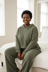 Luxury Waffle Knit Lounge Set — Dusty Olive, Seated on Bed