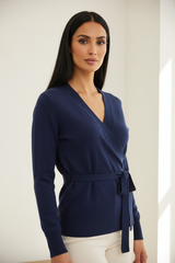 Luxury wrap sweater in Midnight Ocean Blue, three-quarter turn pose