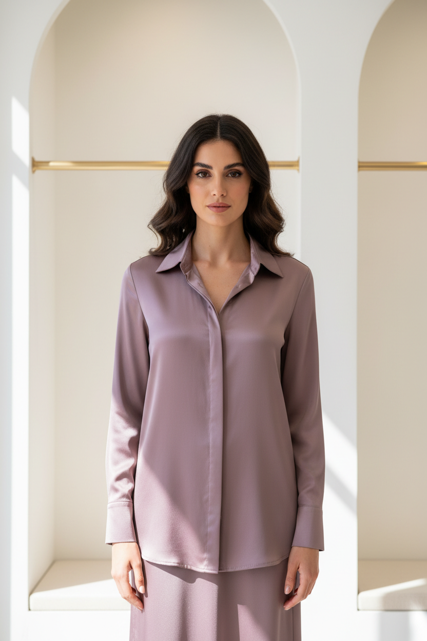 Luxury satin button-up shirt in Dusty Mauve, front facing pose