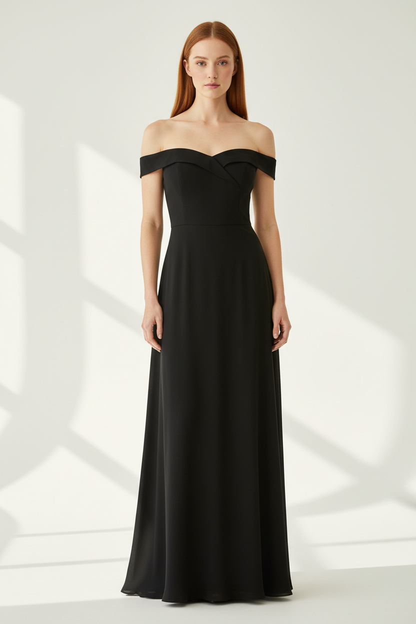 Luxury Off-Shoulder Maxi Dress in Matte Black - front-facing pose