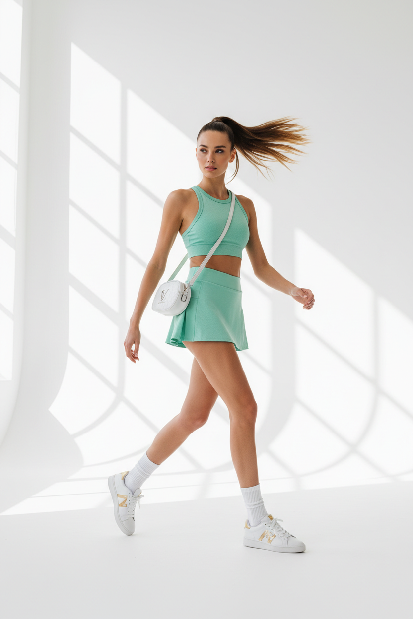 Women's sporty wrap mini skirt set in mint green, dynamic walking pose