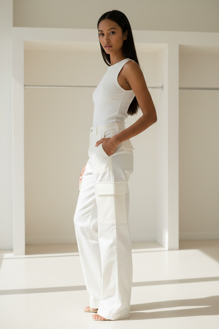 Premium Women's Luxury Cargo Pants in Ivory White - Side Profile