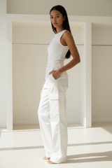 Premium Women's Luxury Cargo Pants in Ivory White - Side Profile