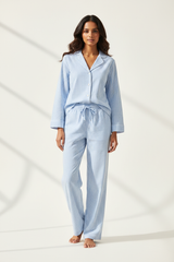 Luxury Striped Cotton Pajama Set — Sky Blue Stripe, Front Standing Pose