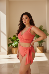 Luxe Wrap Bikini Set in Tropical Coral – three-quarter pose