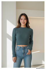 Luxury cropped ribbed sweater in Smoky Teal, front facing pose