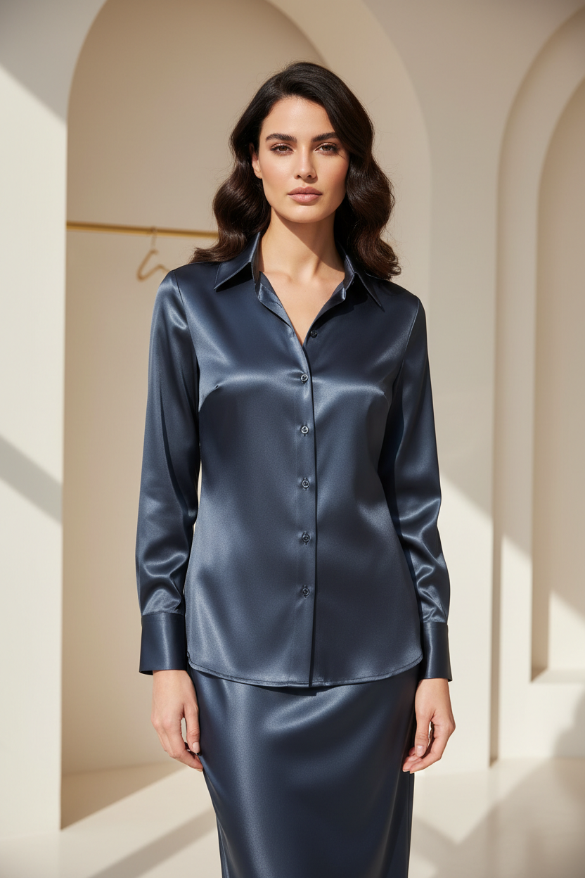Luxury satin button-up shirt in Midnight Slate, front facing pose