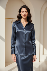 Luxury satin button-up shirt in Midnight Slate, front facing pose