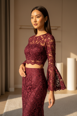 Elegant Embroidered Lace Fashion Set in Deep Burgundy - Detail Close-up