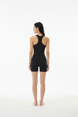 Seamless Racerback Sports Romper in Jet Black — Back View