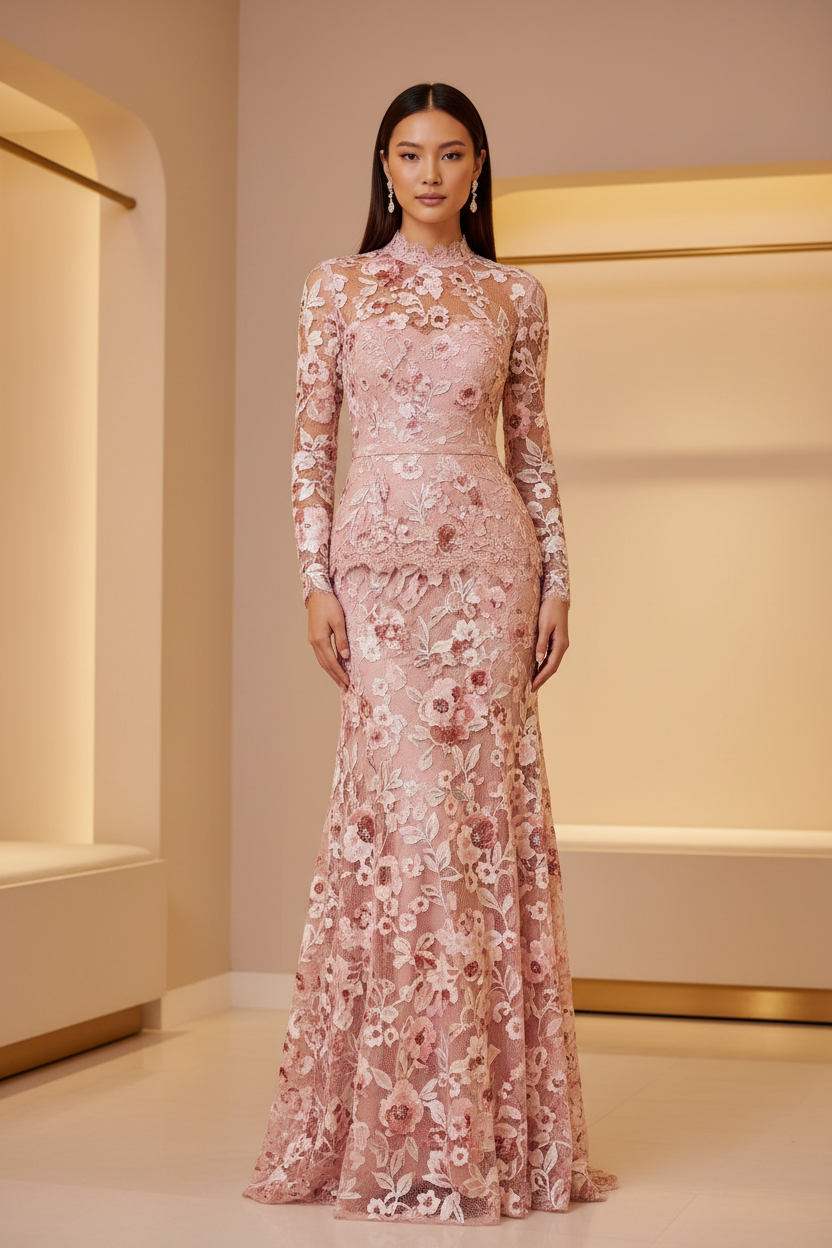 Elegant Embroidered Lace Fashion Set in Soft Rose Pink - Front View