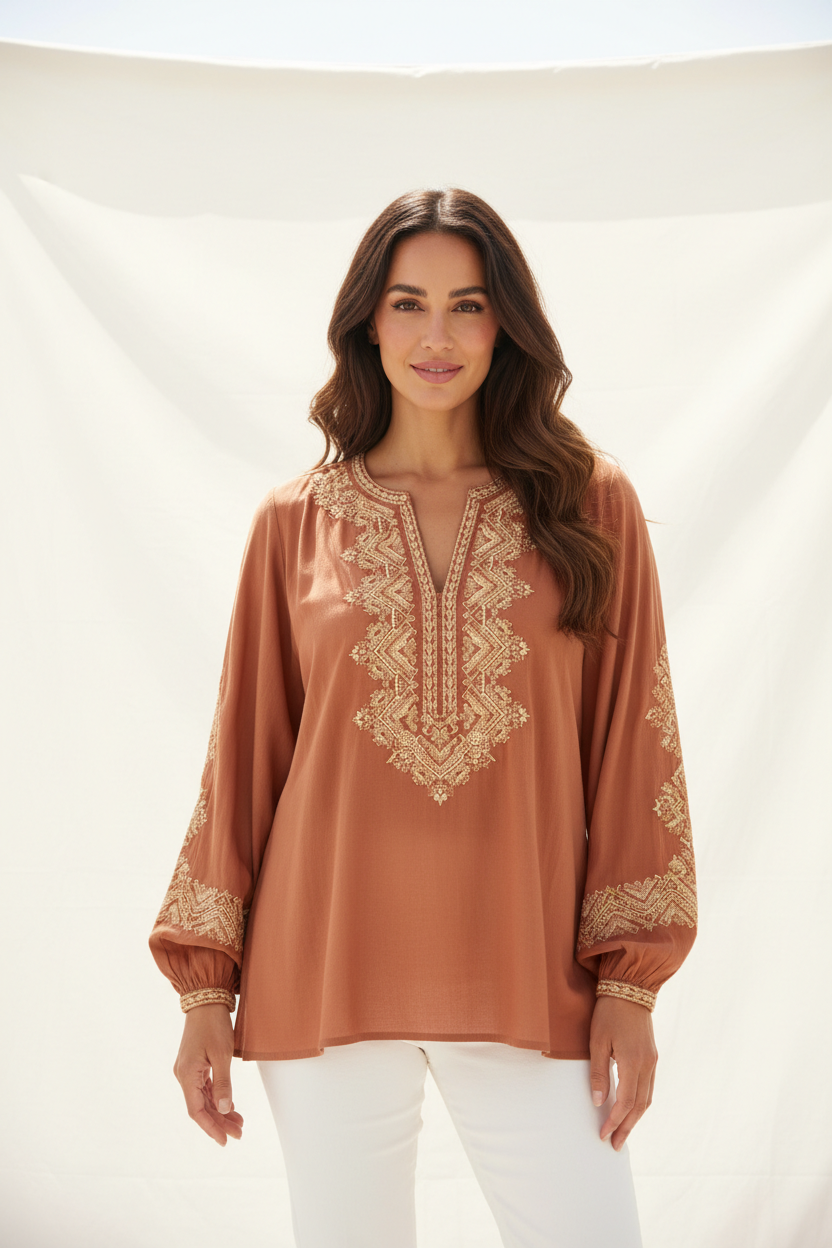 Boho Embroidered Blouse in Desert Clay - Front Pose