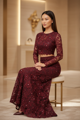 Elegant Embroidered Lace Fashion Set in Deep Burgundy - Seated Pose