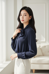 Tie-Neck Blouse in Midnight Navy - Three Quarter Touching Bow Tie