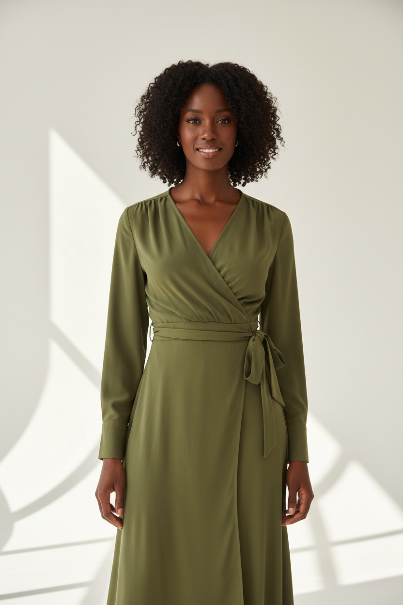 Wrap Blouse in Olive Green - Front Pose