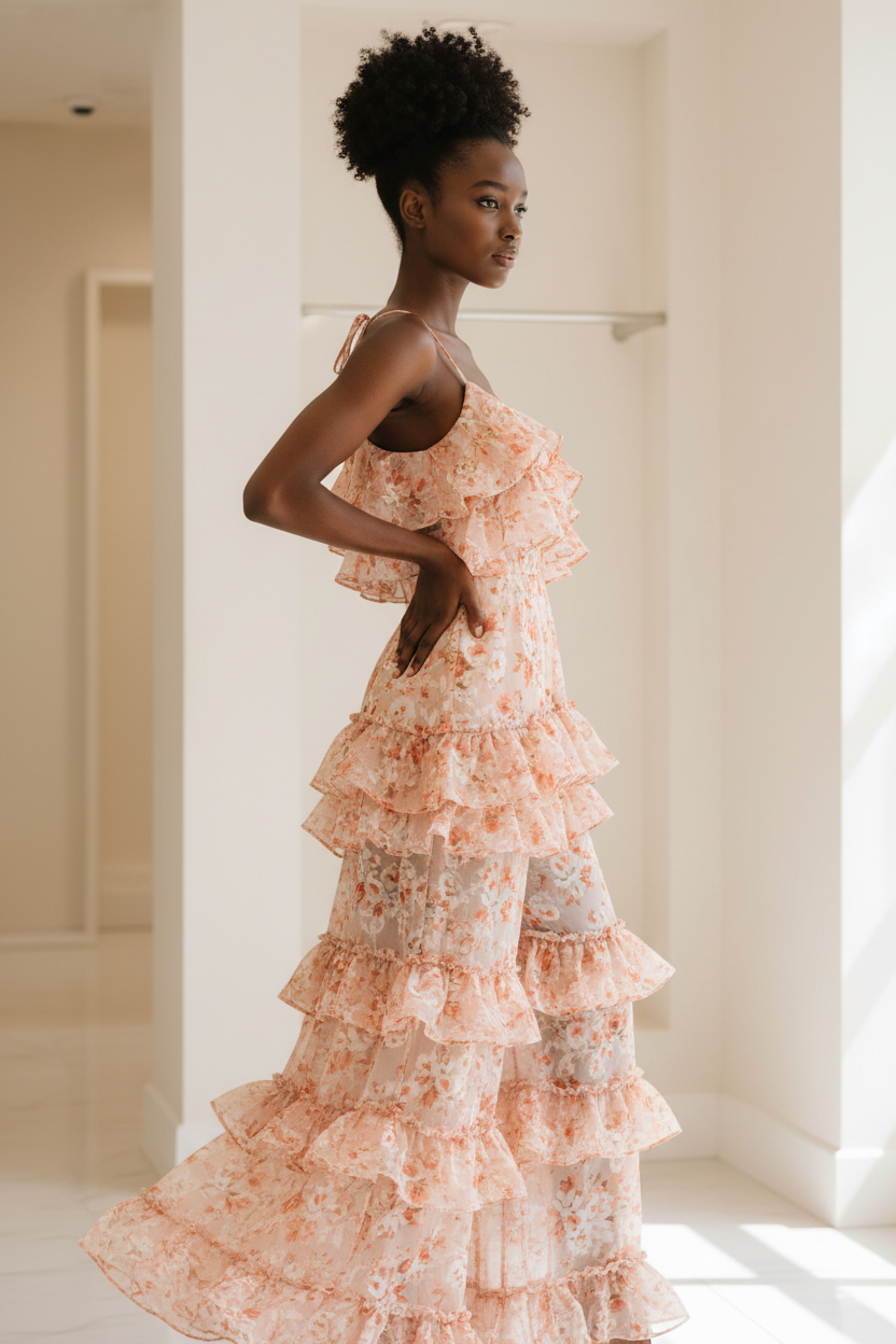 Luxury floral romper in Floral Peach – side profile