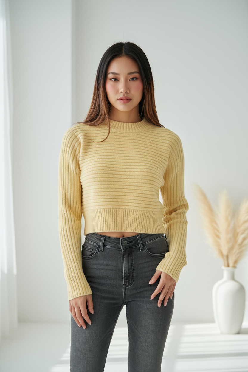 Luxury cropped ribbed sweater in Buttercream Yellow, front facing pose