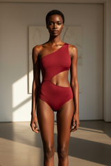 Luxe One-Shoulder Cutout Swimsuit in Wine Red – front-facing pose
