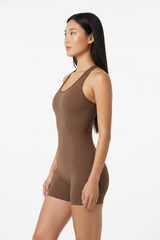Seamless Racerback Sports Romper in Mocha Brown — Side Profile