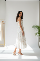 Luxury Floral Midi Dress in Ivory White - over shoulder pose