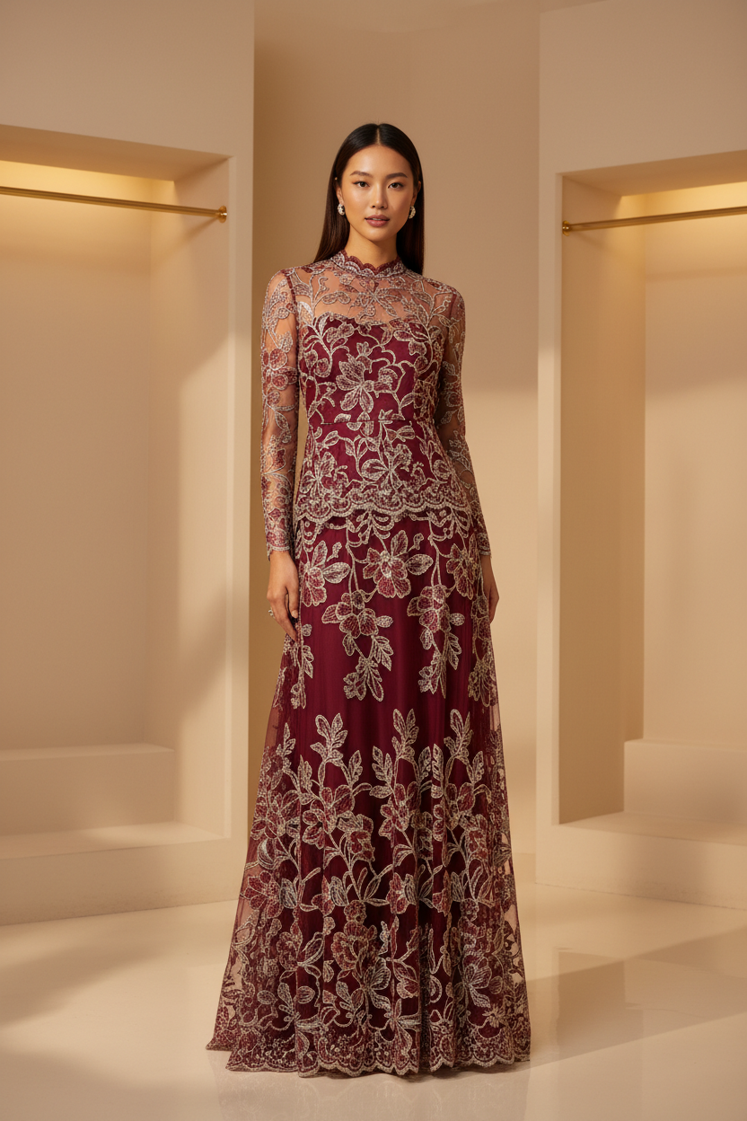 Elegant Embroidered Lace Fashion Set in Deep Burgundy - Front View
