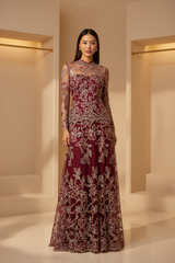 Elegant Embroidered Lace Fashion Set in Deep Burgundy - Front View
