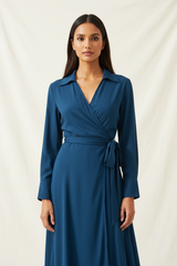 Luxury wrap-front shirt in Deep Ocean Blue, front facing pose