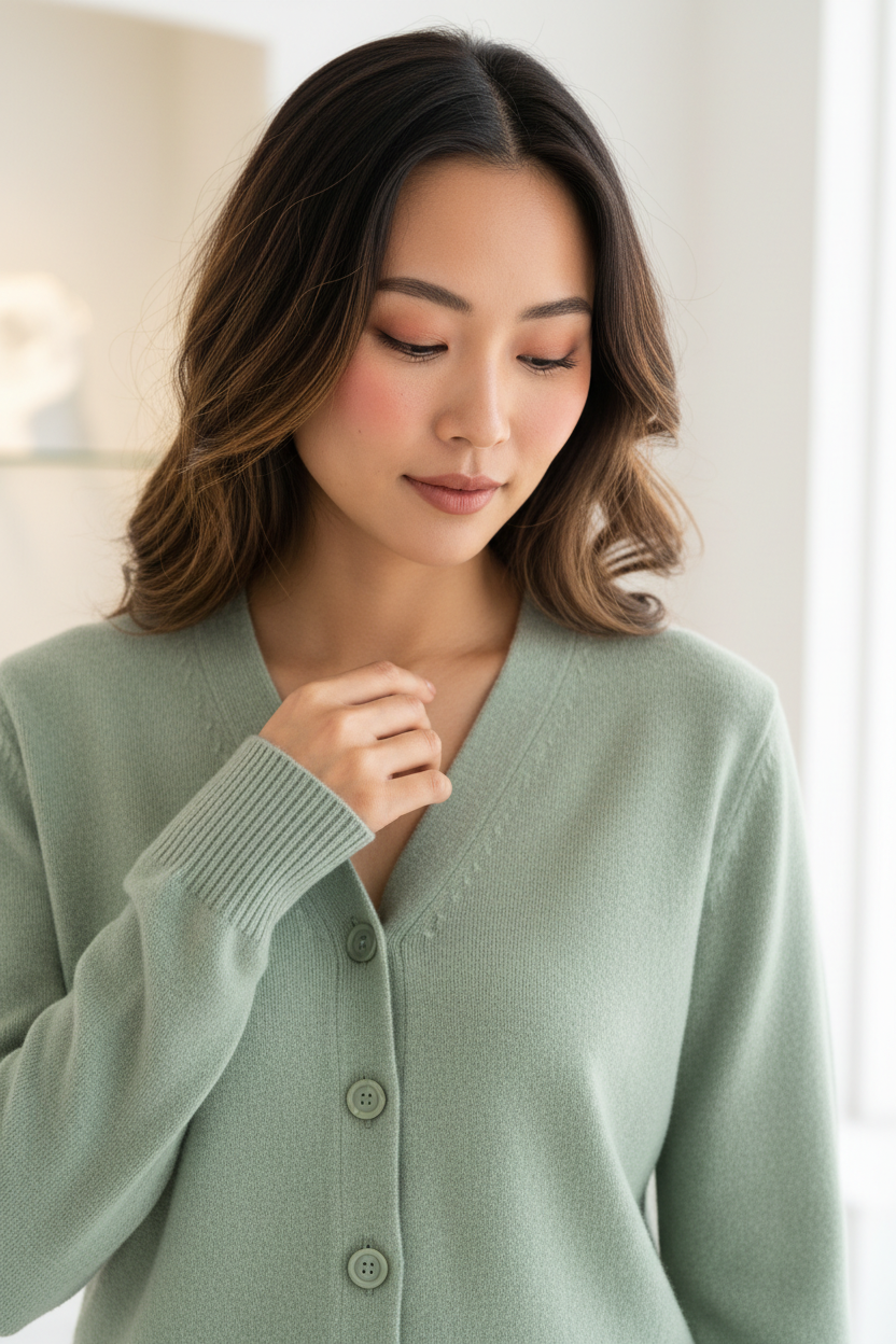 Luxury cardigan sweater in Soft Pistachio, detail close-up of button placket and knit texture