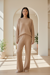 Luxury Ribbed Knit Lounge Set — Soft Beige, Front Standing Pose