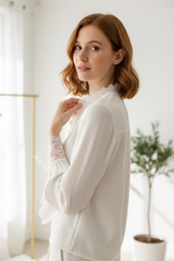 Lace-Trim Blouse in Soft Ivory White - Over Shoulder Pose