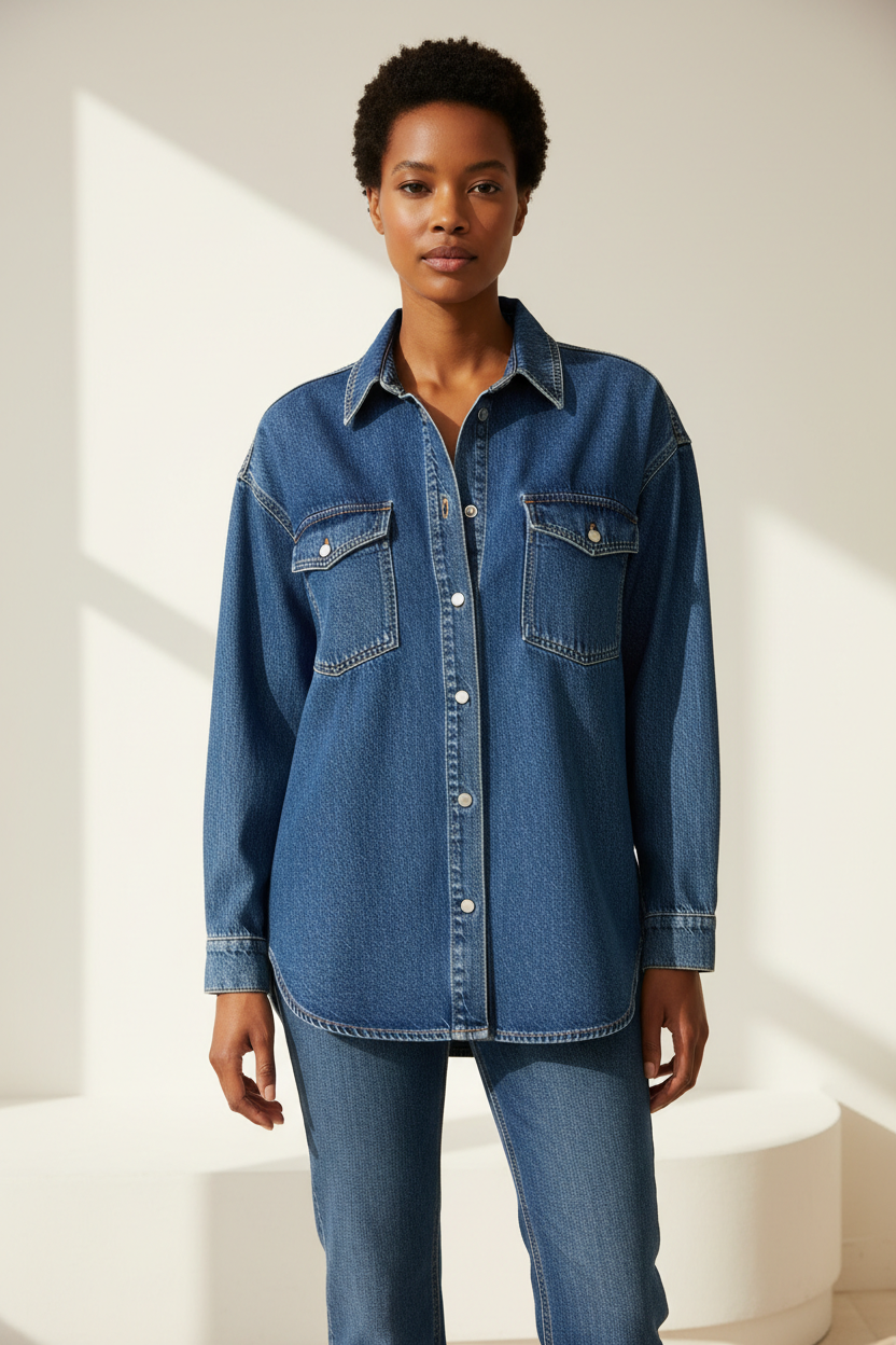 Luxury oversized denim shirt in Washed Indigo, front facing pose