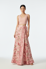 Women's floral wrap skirt set in floral pink, front-facing pose