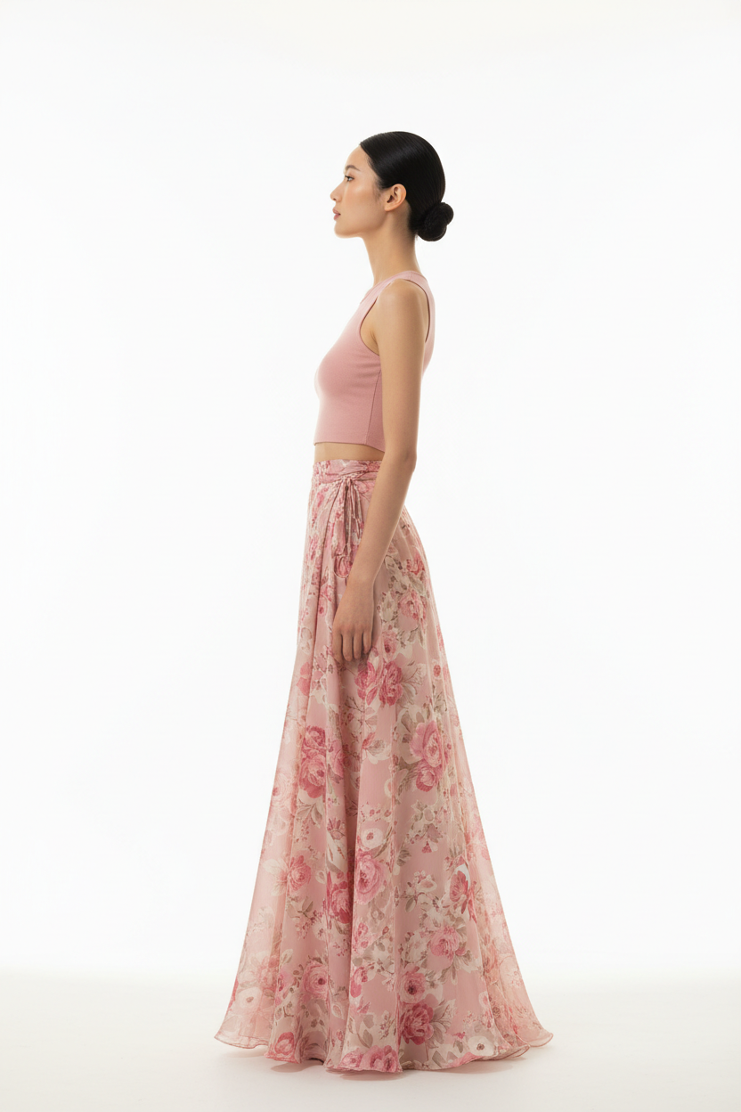 Women's floral wrap skirt set in floral pink, side profile pose