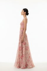 Women's floral wrap skirt set in floral pink, side profile pose