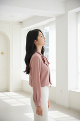 Tie-Neck Blouse in Rosewood Pink - Side Profile Chin Lifted