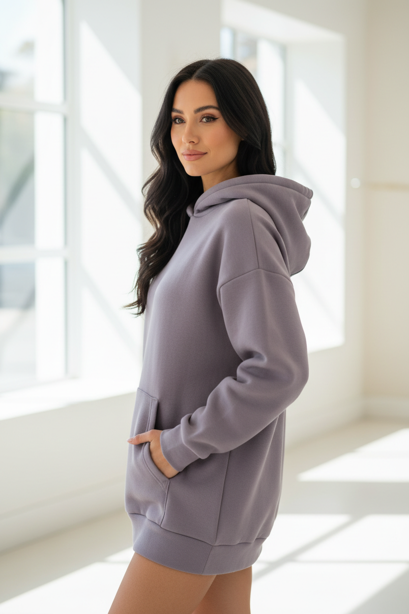 Premium Oversized Hoodie in Smoky Lavender — Over-shoulder pose, boutique fashion