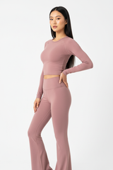 Long Sleeve Performance Top & Flared Yoga Pants Set in Dusty Rose — Three-Quarter Angle