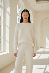 Luxury Ribbed Knit Lounge Set — Ivory White, Front Standing Pose
